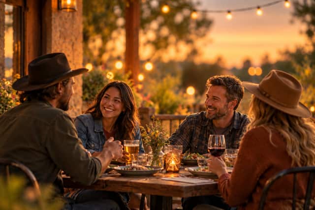 A golden-hour dinner on a patio under string lights (an illustration, not a Williams restaurant)